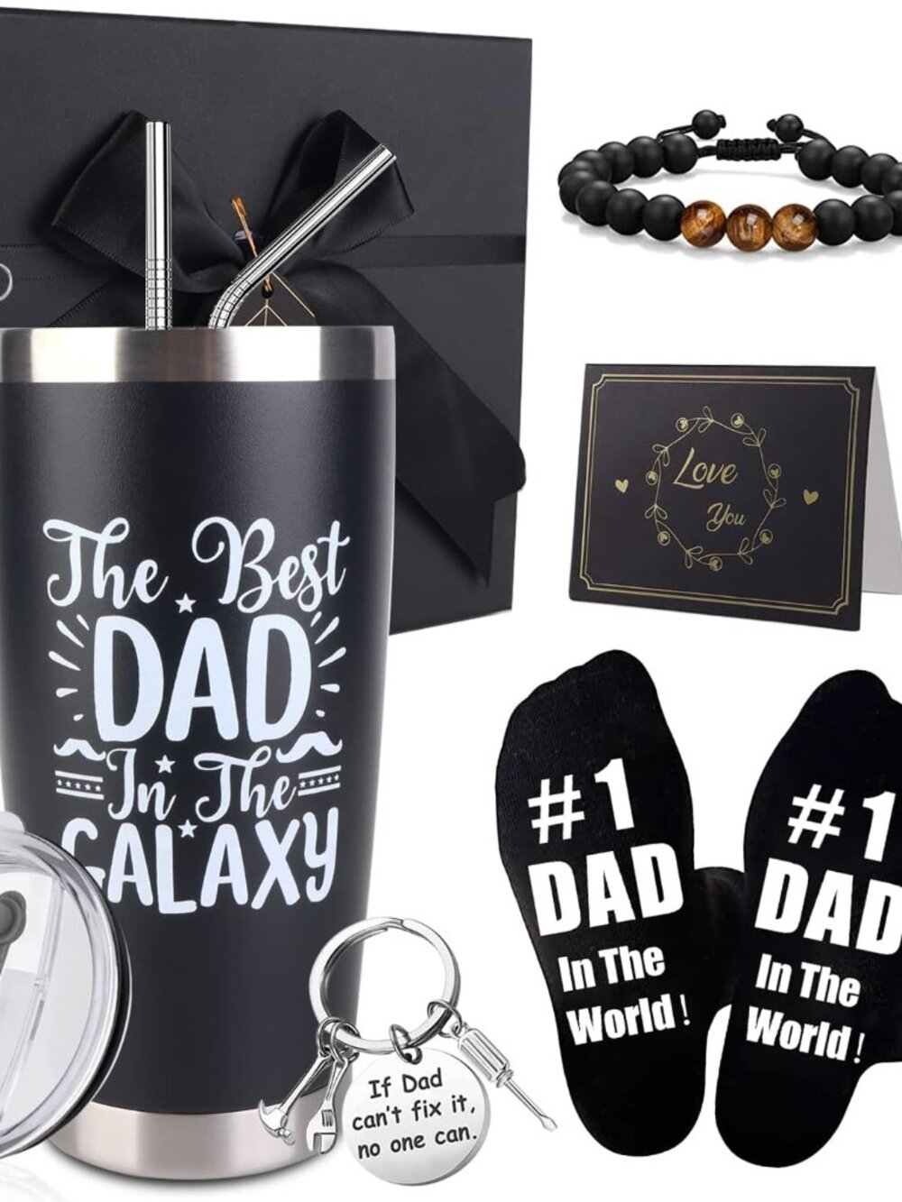 8PCS Fathers Day Gift 20oz Tumbler Socks Bracelet Key Chain Thanks Card Gift Box